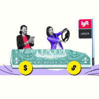 Rideshare driver in a car made of money