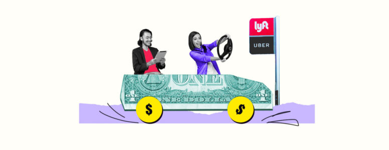 Rideshare driver in a car made of money