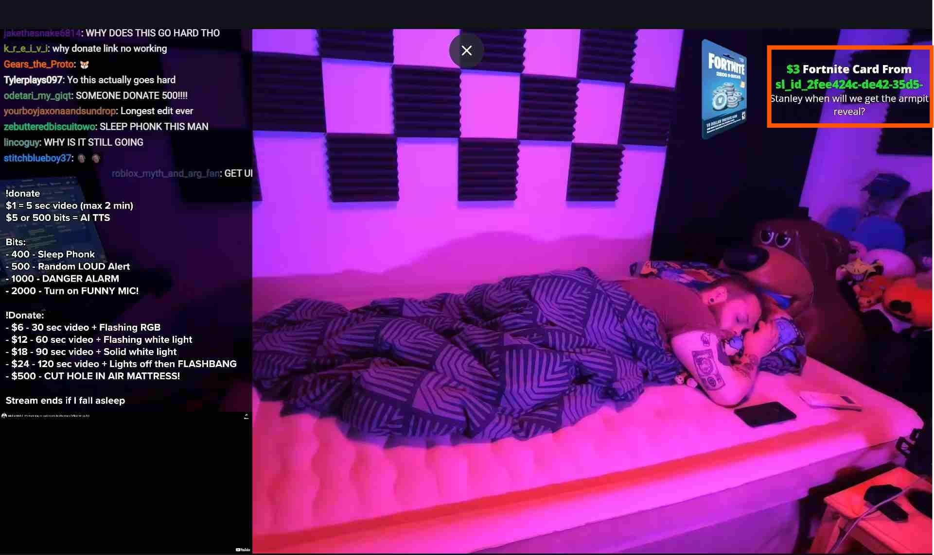 Screenshot of a moment during a sleep stream where a viewer paid to shine bright lights.