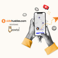 Two hands holding a smartphone displaying the interface of the Meowtel mobile app