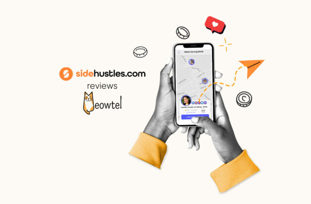 Two hands holding a smartphone displaying the interface of the Meowtel mobile app