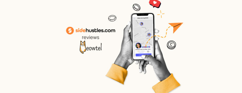 Two hands holding a smartphone displaying the interface of the Meowtel mobile app