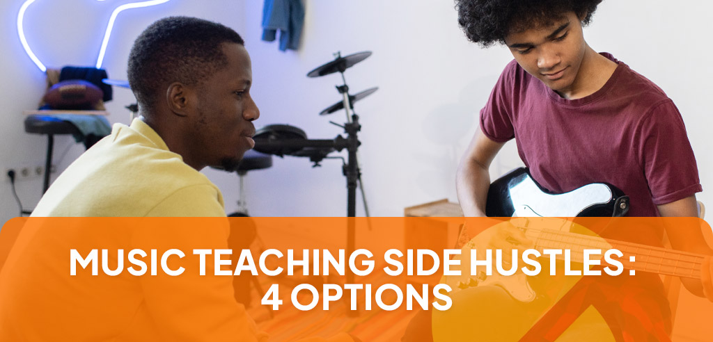 Music teacher instructing a student on how to play the bass.