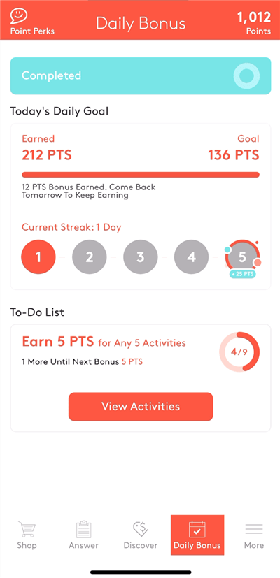 Checking the MyPoints Daily Goal and Current Streak status.