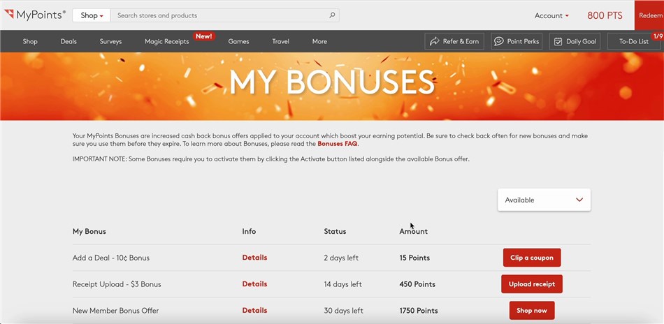 Viewing the “Check My Bonuses” page to find new bonus offers on MyPoints.