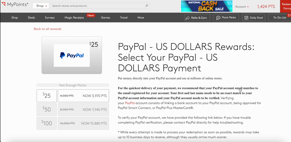 PayPal redemption options for MyPoints.
