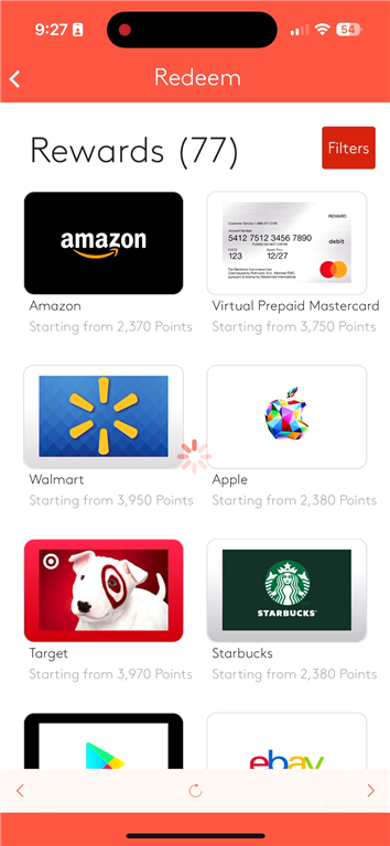 Viewing MyPoints reward options