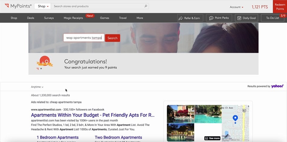 Getting MyPoints rewards for using the “Search and Earn” feature.
