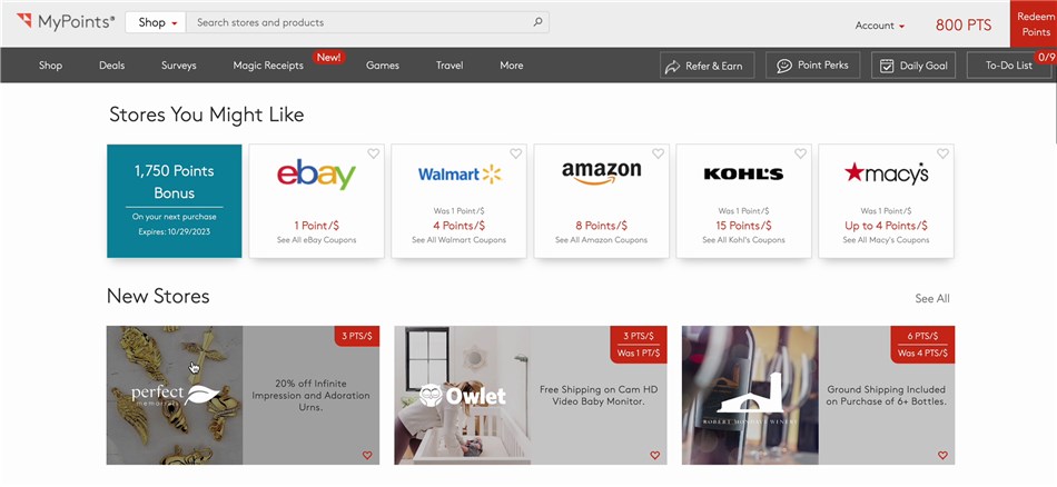 Viewing the MyPoints “Shop” tab.