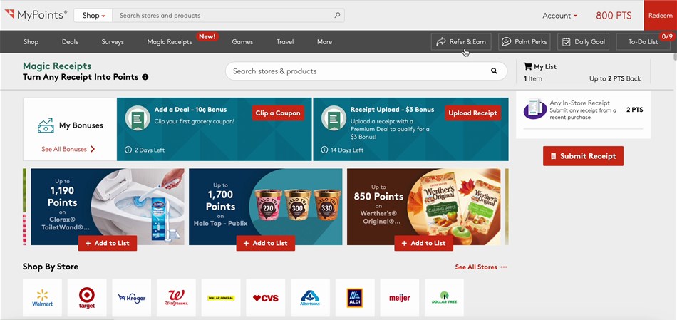 Viewing magic receipt offers on MyPoints