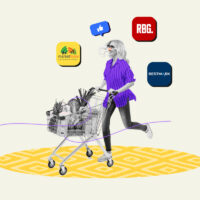 Woman pushing grocery store cart surrounded by the logos of mystery shopper job platforms