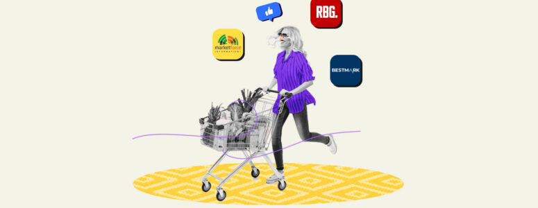 Woman pushing grocery store cart surrounded by the logos of mystery shopper job platforms