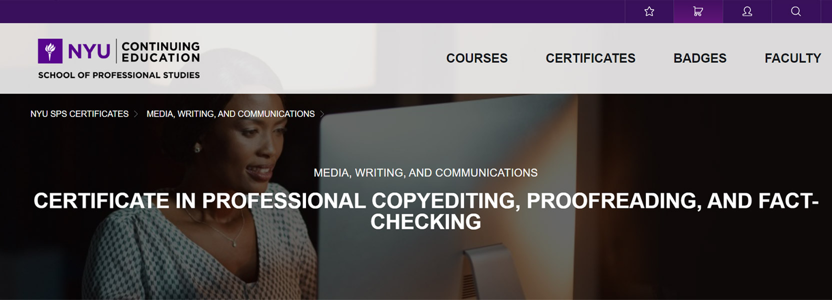 Screenshot of the NYU proofreading certificate webpage