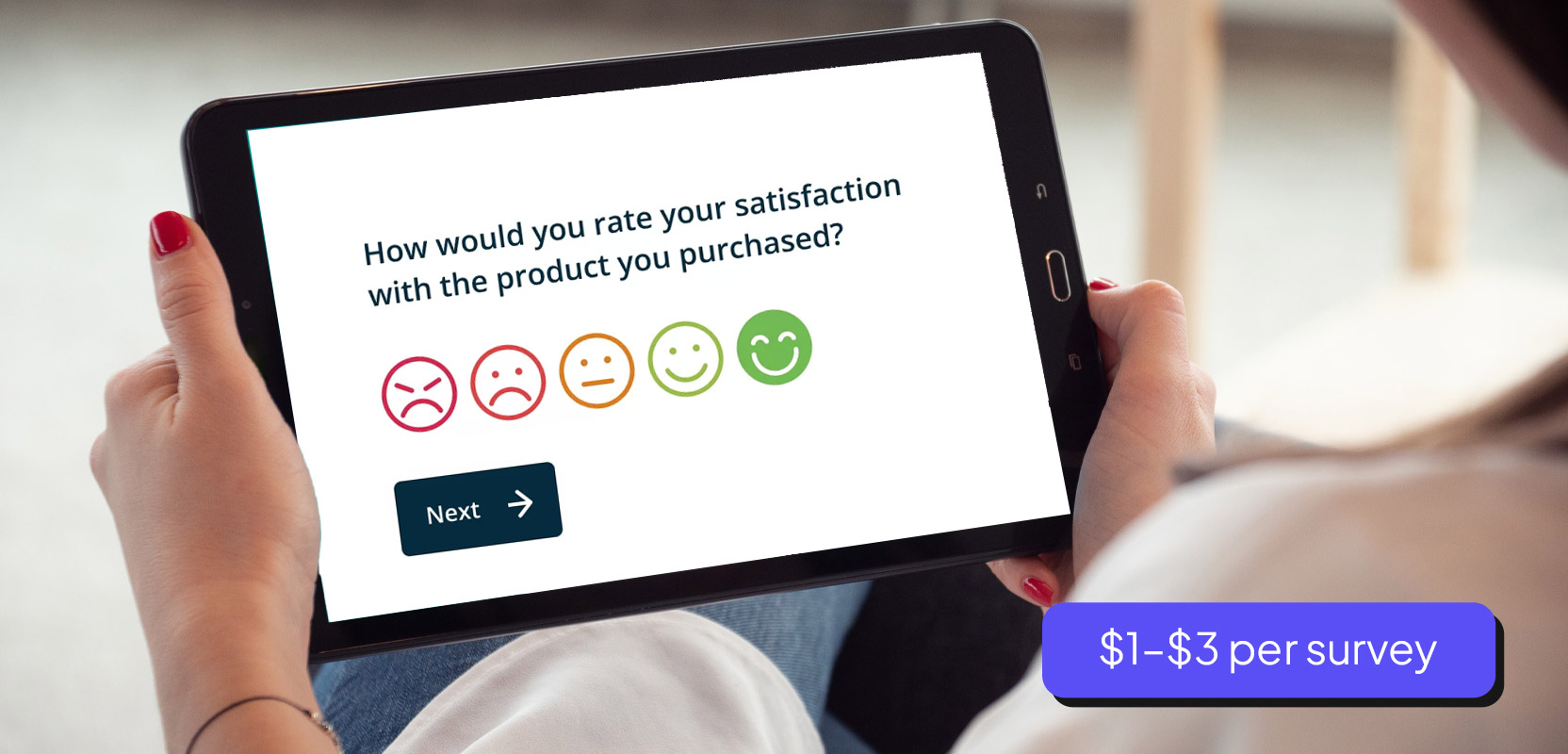 Man holding a tablet showing a paid survey
