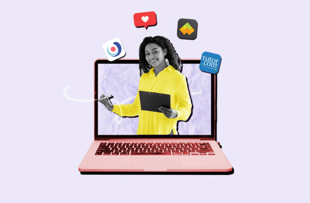 Tutor popping out of laptop screen surrounded by logos of online tutoring jobs