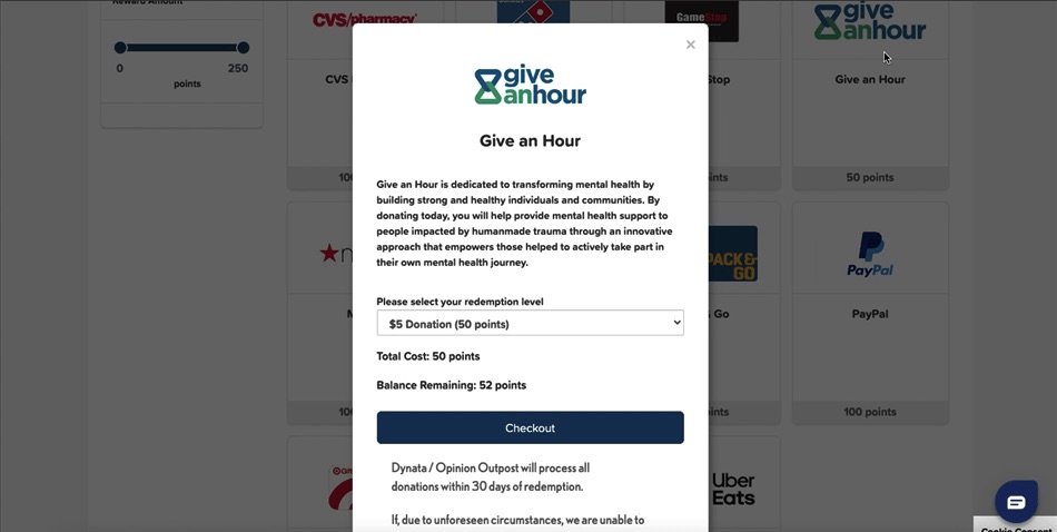 Opinion Outpost’s charity redemption option.