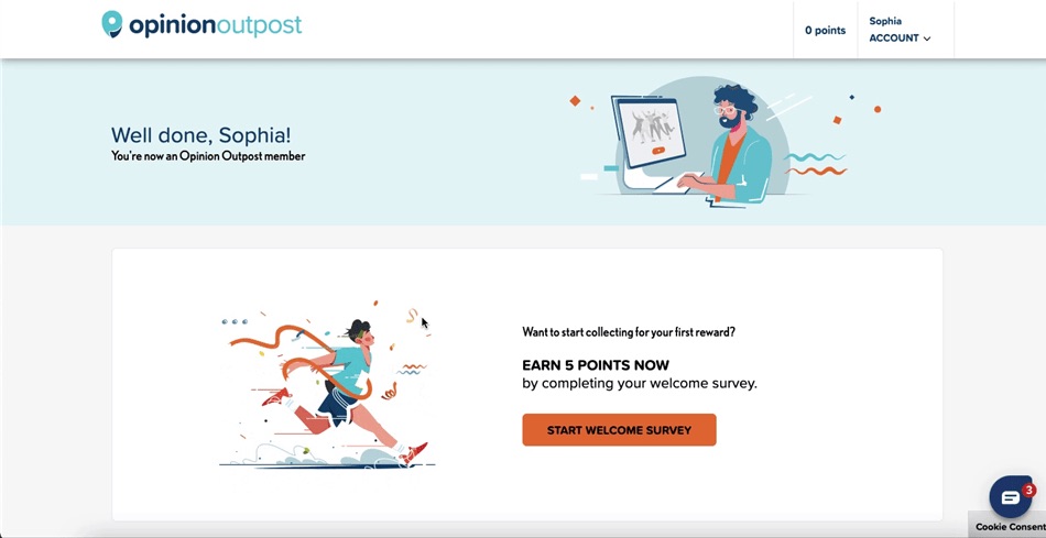 The Opinion Outpost dashboard featuring the Welcome Survey.