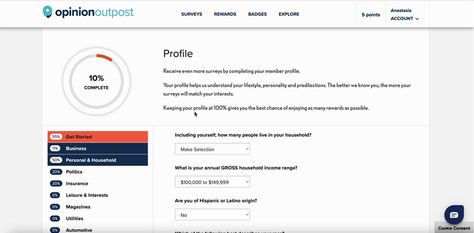 Answering questions to complete an Opinion Outpost profile.