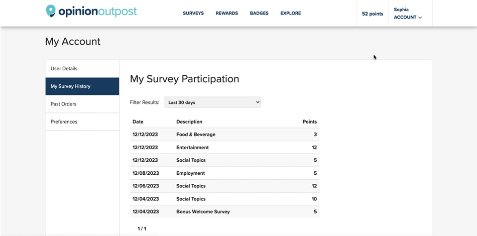Viewing the Opinion Outpost rewards ledger.