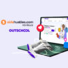 Two hands typing on a laptop that is opened to the Outschool website homepage
