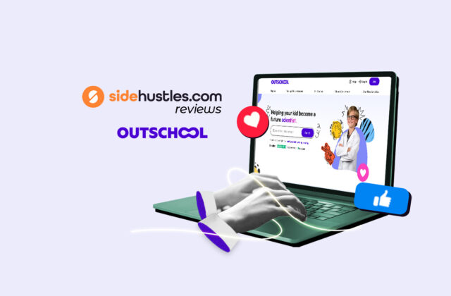 Two hands typing on a laptop that is opened to the Outschool website homepage