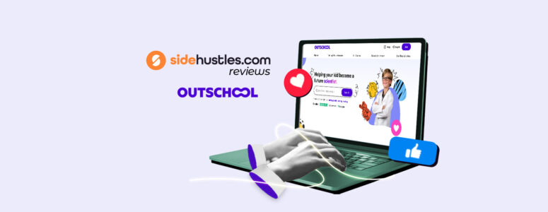 Two hands typing on a laptop that is opened to the Outschool website homepage