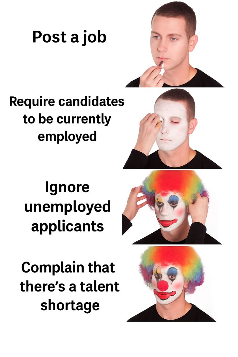 Meme depicting recruiters of passive candidates as clowns. 