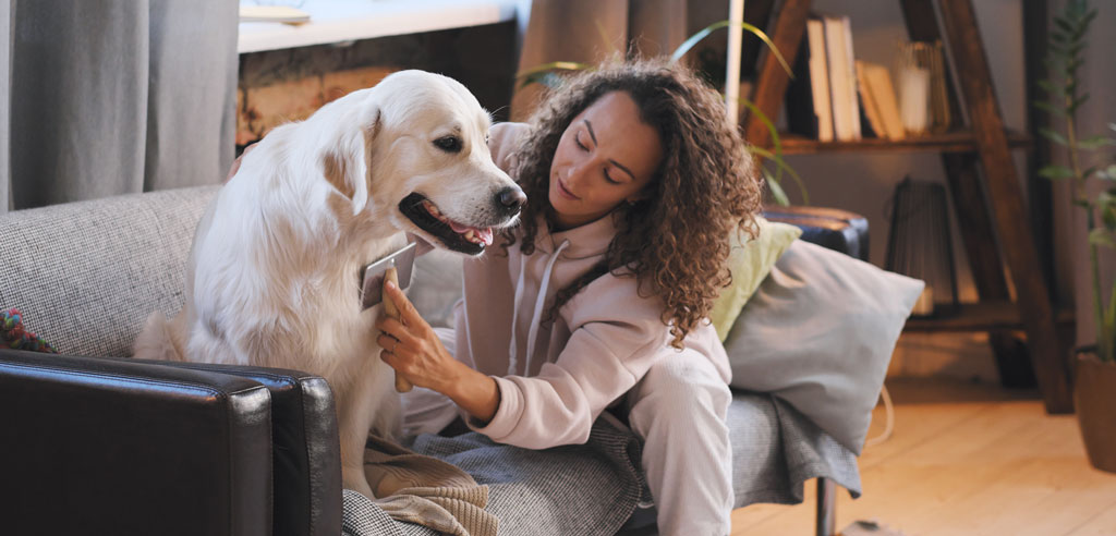 Mother grooming a dog for her pet care side hustle