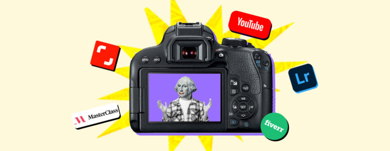 Camera surrounded by the logos of different platforms where you can start a photography side hustle