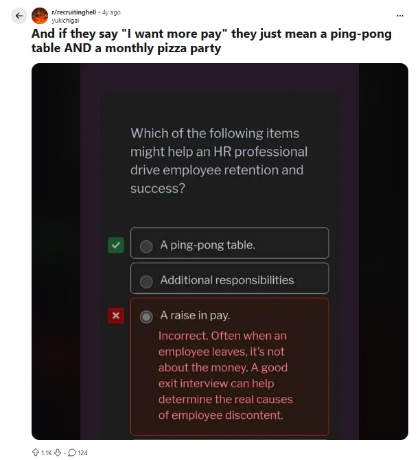 Screenshot of Reddit post showing HR quiz about employee retention. 
