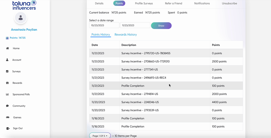 Collecting rewards with Toluna Influencers.