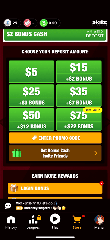Denominations available for paying a deposit to enter cash games on Pool Payday.