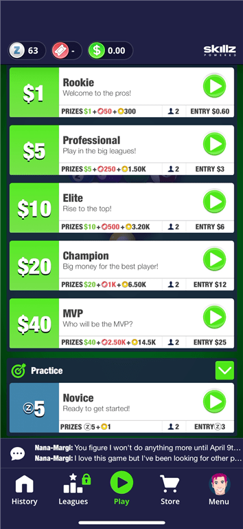 A selection of high- and low-stakes tournaments on Pool Payday.