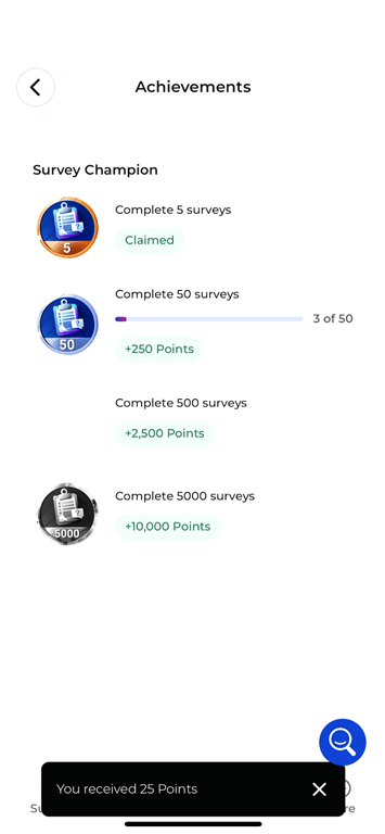Unlocking achievements on Prime Opinion to earn points.