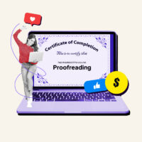 Freelance proofreader standing next to laptop showing proofreading certification