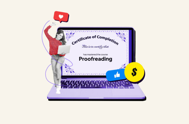 Freelance proofreader standing next to laptop showing proofreading certification