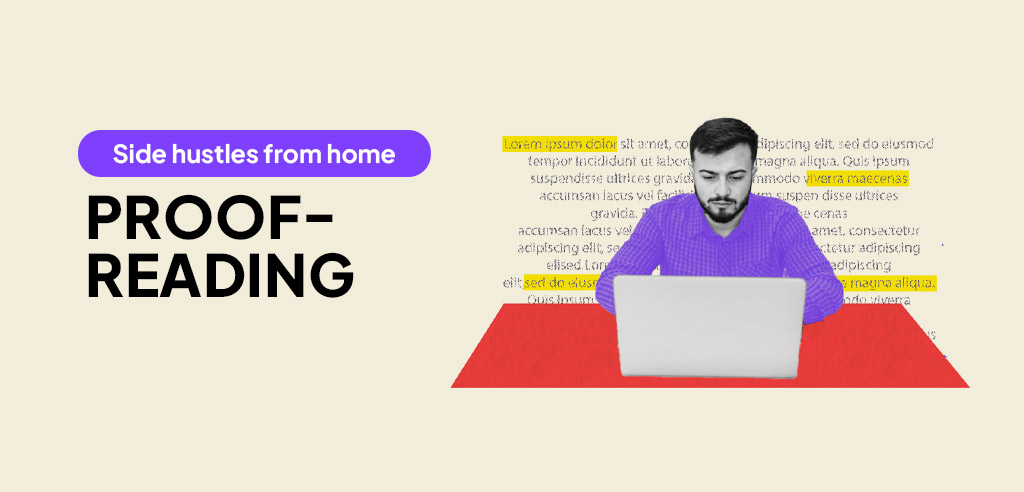 Proofreader working on a home-based side hustle on his laptop