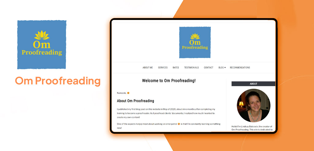 Screenshot showing the Om Proofreading homepage