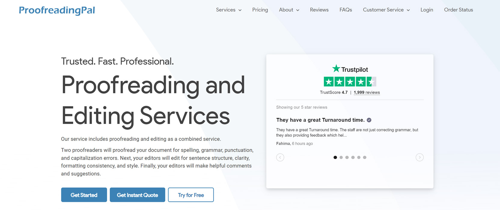 Screenshot of the Proofreading Pal home page