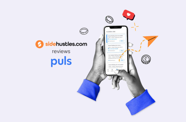 Two hands holding a smartphone displaying available jobs on the Puls app