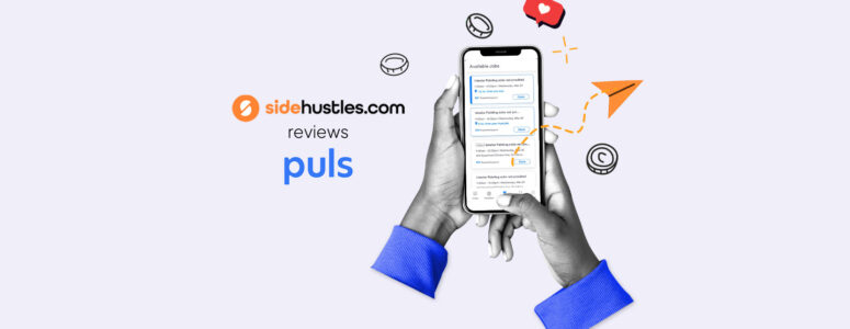 Two hands holding a smartphone displaying available jobs on the Puls app