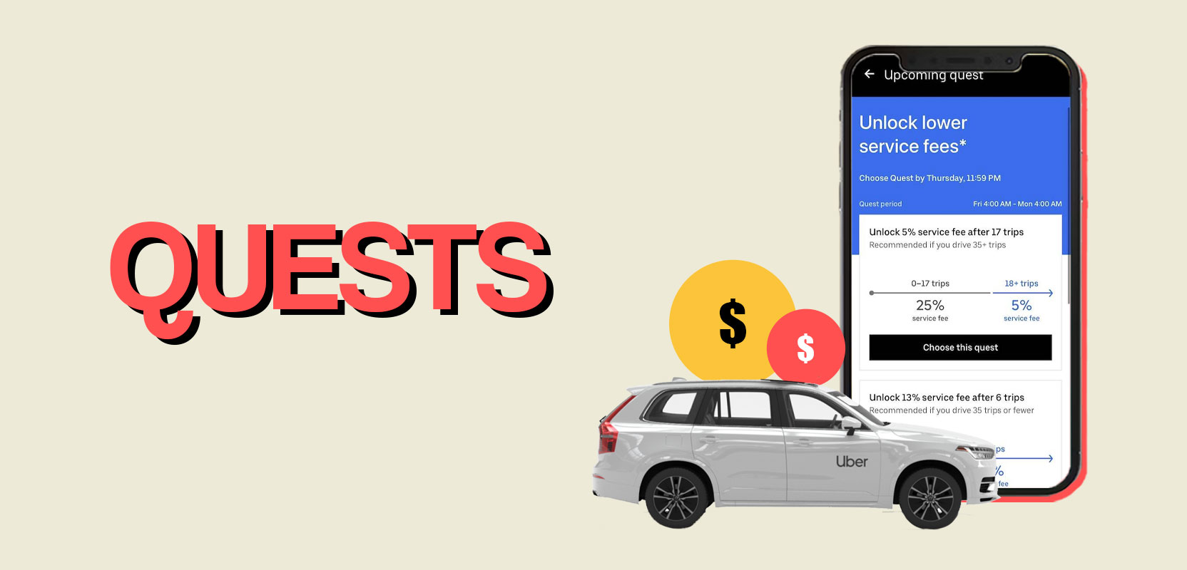 Smartphone with the Uber Quests page on the screen