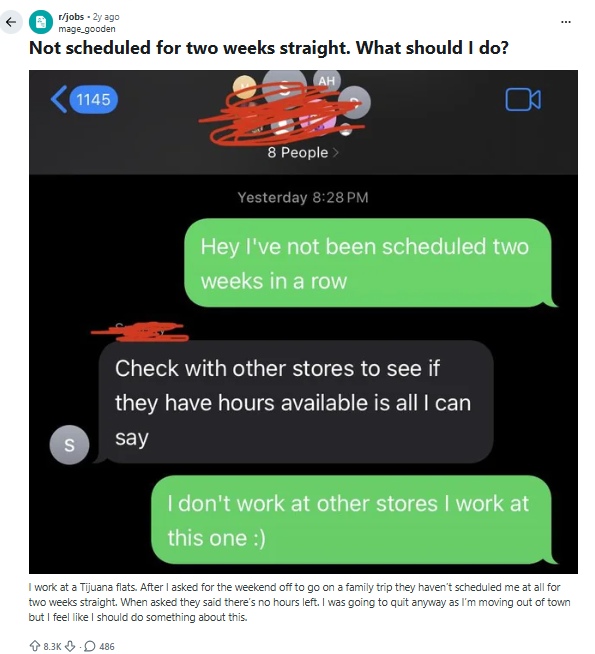 Screenshot of text exchange between manager and employee about lack of scheduled hours. 