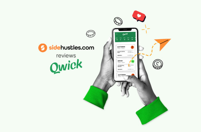 Two hands holding a smartphone displaying available jobs in the Qwick app
