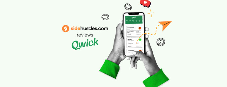Two hands holding a smartphone displaying available jobs in the Qwick app