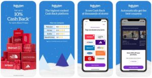Screenshots of the Rakuten app, which is a free app that gives you cash back