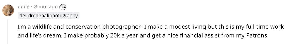 Reddit screenshot of an animal wildlife photographer discussing their income