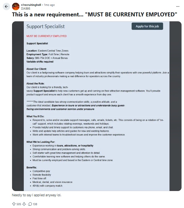 Screenshot of job post with disclaimer warning off unemployed applicants that was posted on Reddit.
