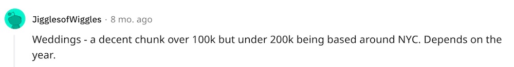 Reddit screenshot with a wedding photographer discussing their income