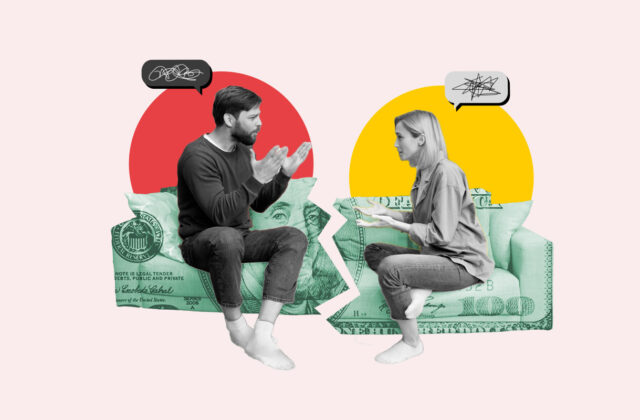 Couple sitting on a broken couch with a dollar bill pattern and arguing with each other about money
